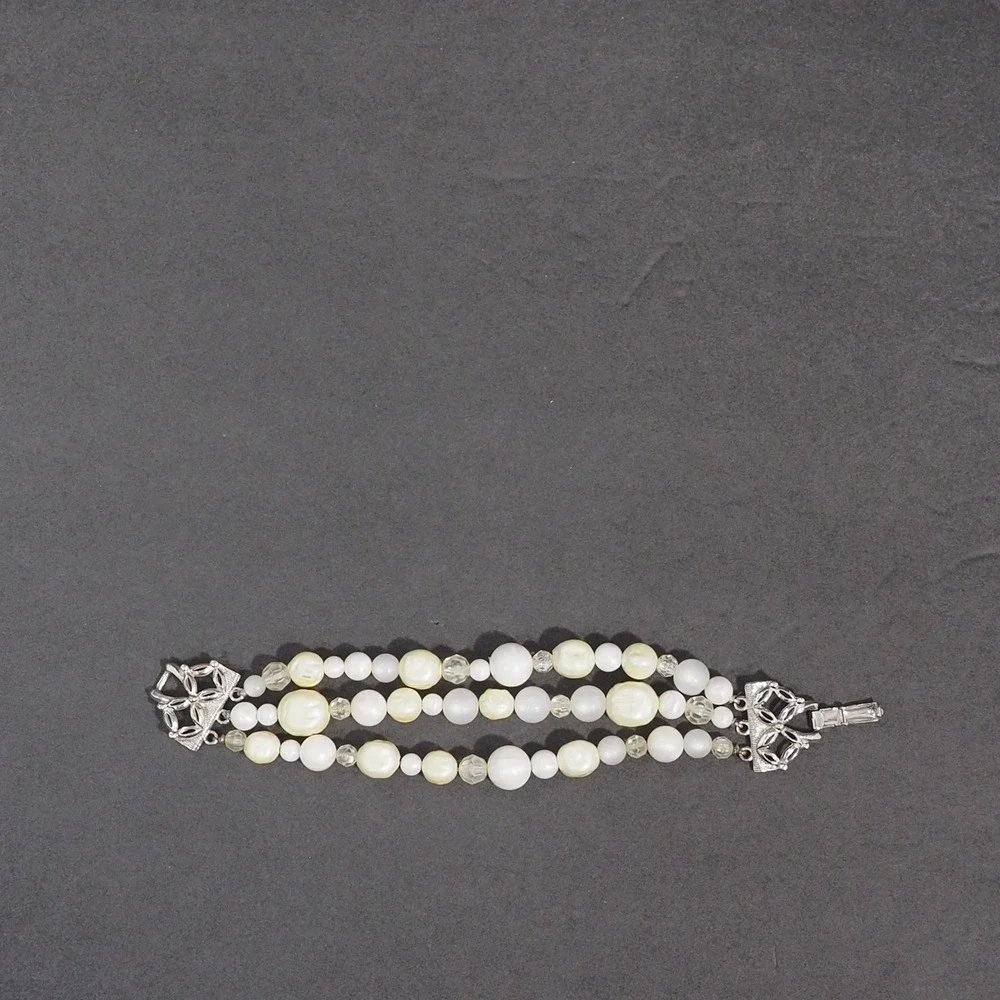 Vintage Coro Triple Strand Faux Baroque Pearl Bead Bracelet Silver Tone MCM